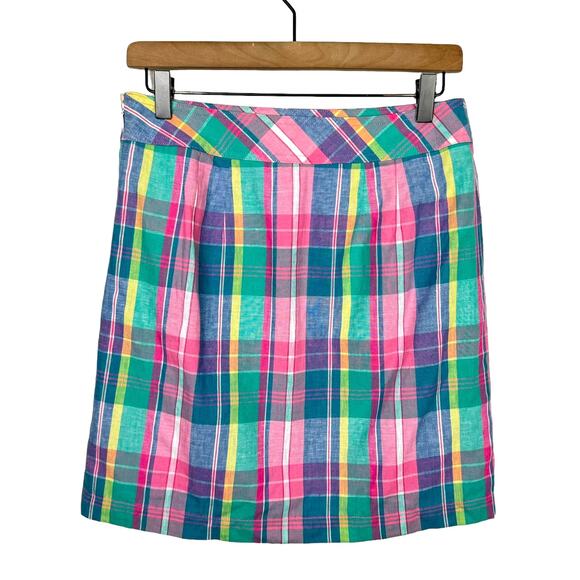 Talbots | NWT Madras Plaid Pastel Linen Blend Knee Length A-lined Skirt - Picture 3 of 8